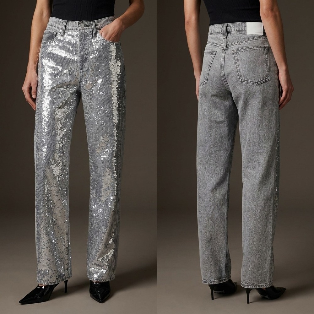 RAG & BONE Shea High Rise Relaxed Straight Jeans 33 Silver Sequin RJ3925H1RSS